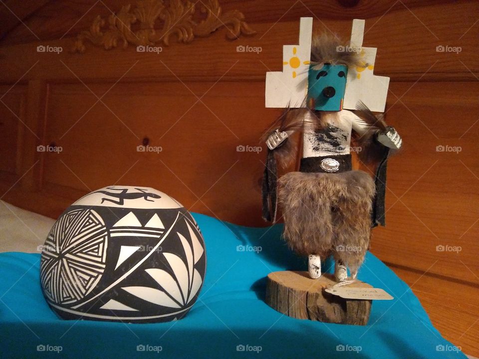 Acoma Pueblo pot & First Mesa (Hopi) Masked Katsina