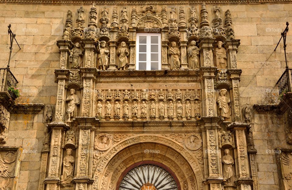 Detail of the façade at Hostal dos Reis Católicos, Santiago de Compostela, Spain.