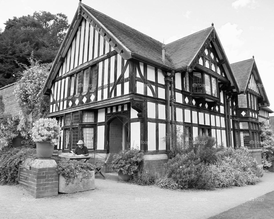Beautiful country Tudor house in black and white 