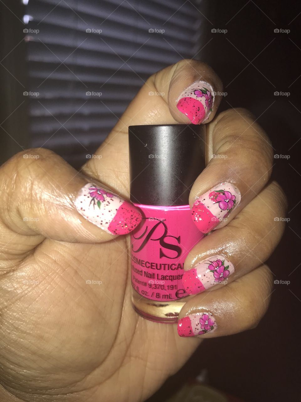 Hot pink French manicure with glitter and water decals