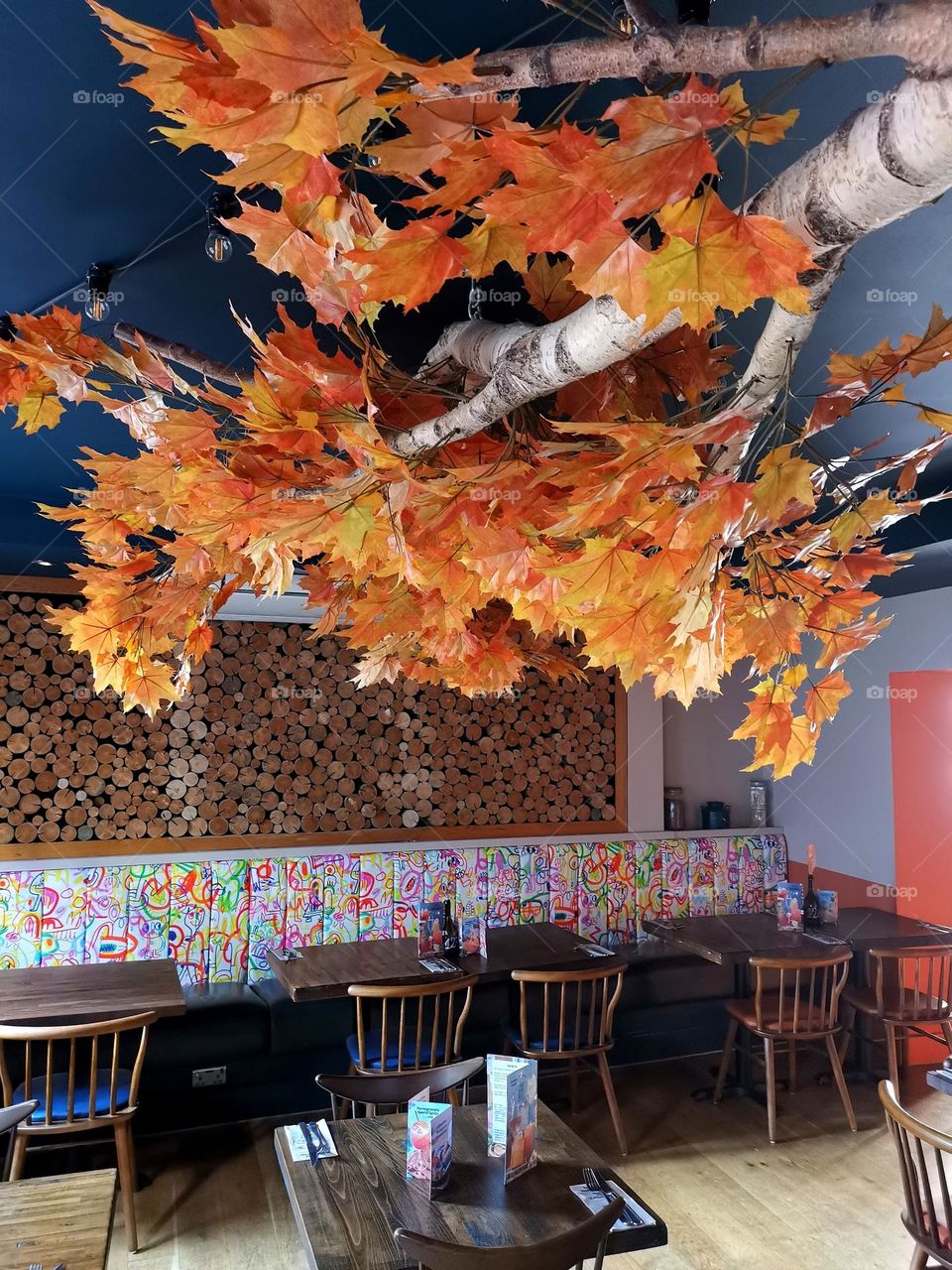 Unique Cafe interior design. Interesting design. Autumn vibes in interior.