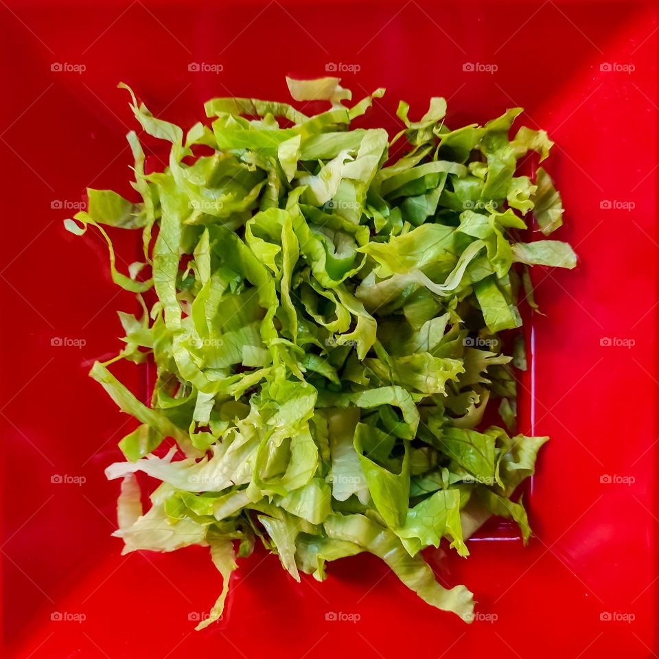 Green Salad on red plate