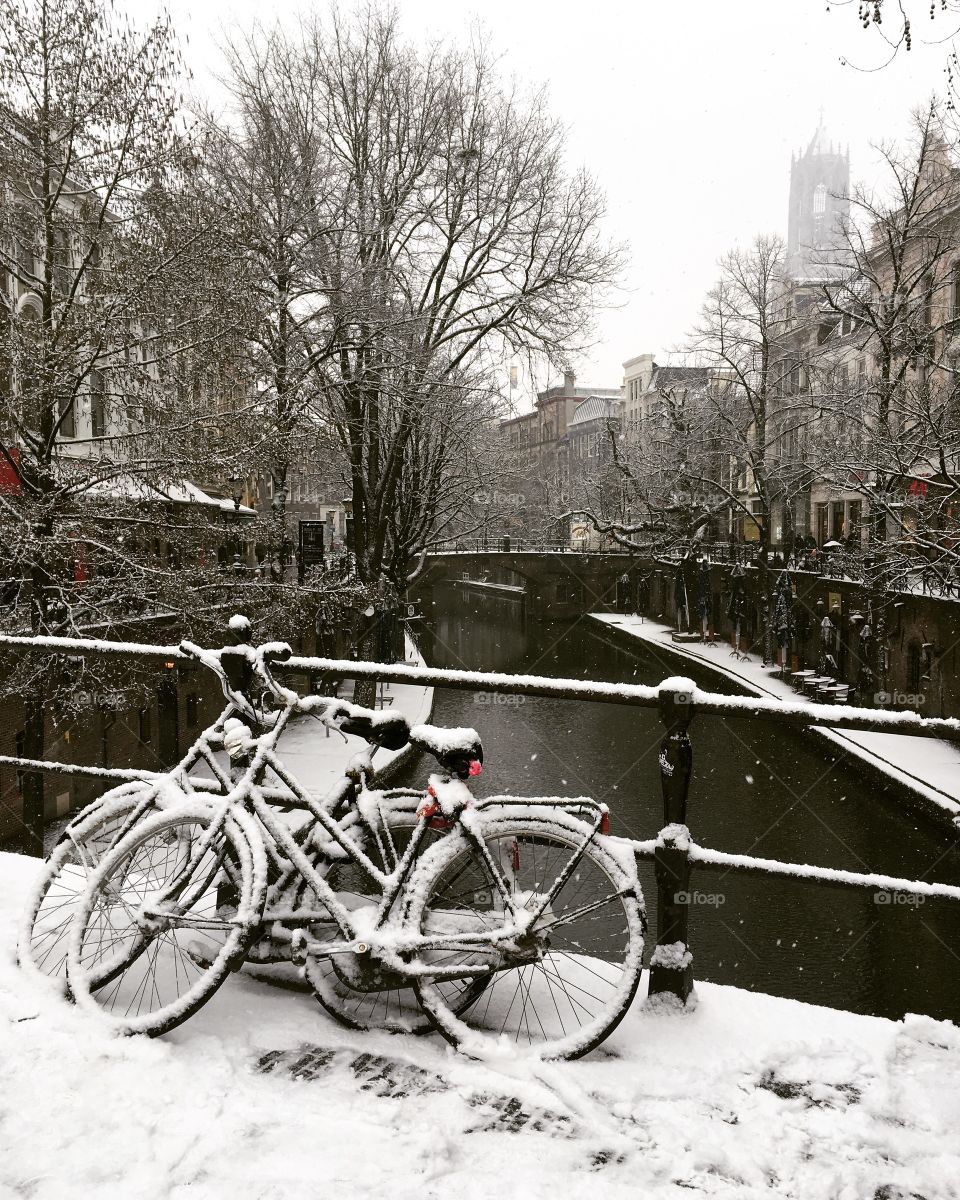Bicycle in the snow Utrecht Holland 