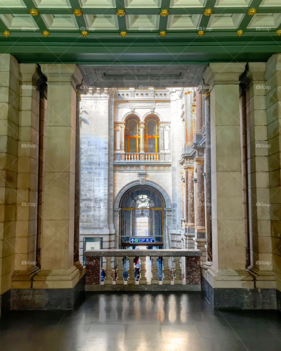 Inside of the Central entrance hall of Antwerp central railway station seen from one of the side stairs