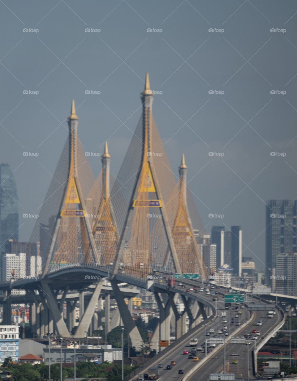 Bangkok/Thailand-October 29 2019:Bird eye view to show sky of beautiful landmark Bhumibol Bridge , still unclear after heavy rain