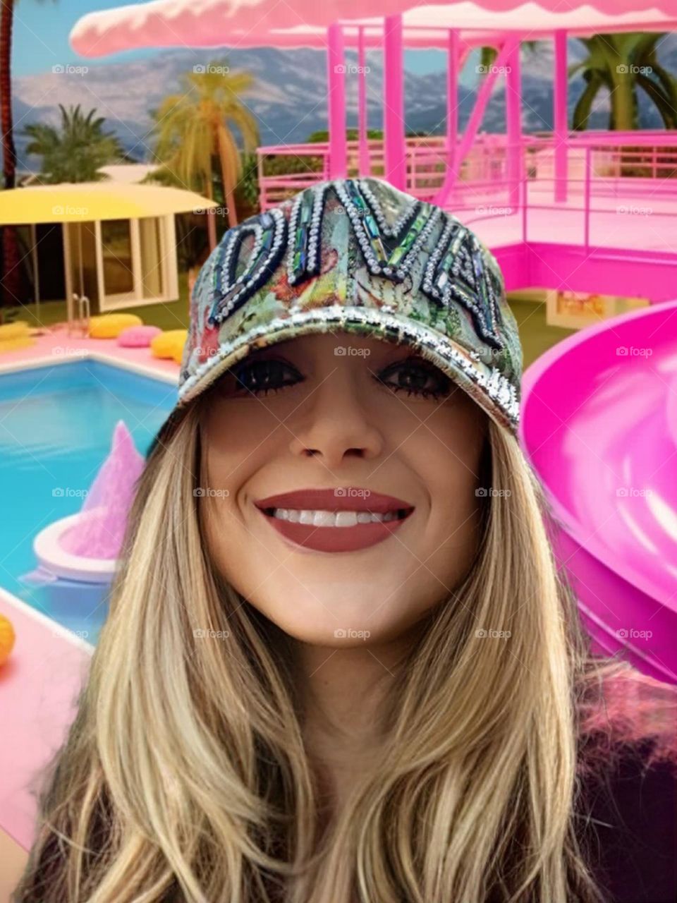 A woman all smiles in Barbie style.