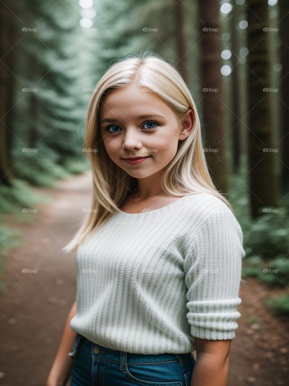 Beautiful blonde girl walking in the forest