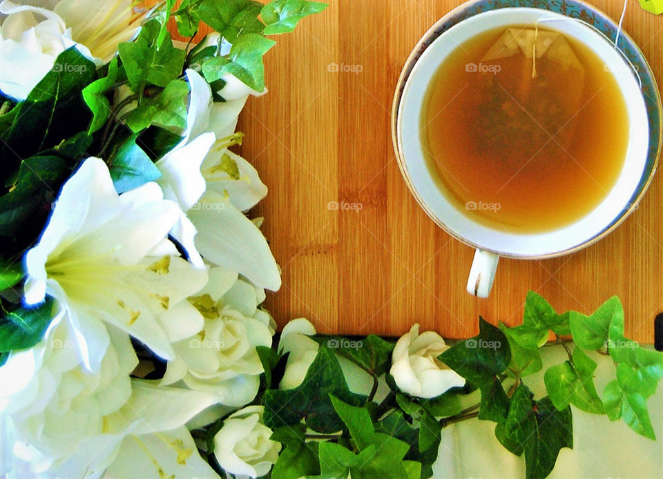 Tea Time, hot tea in a cup, flat lay