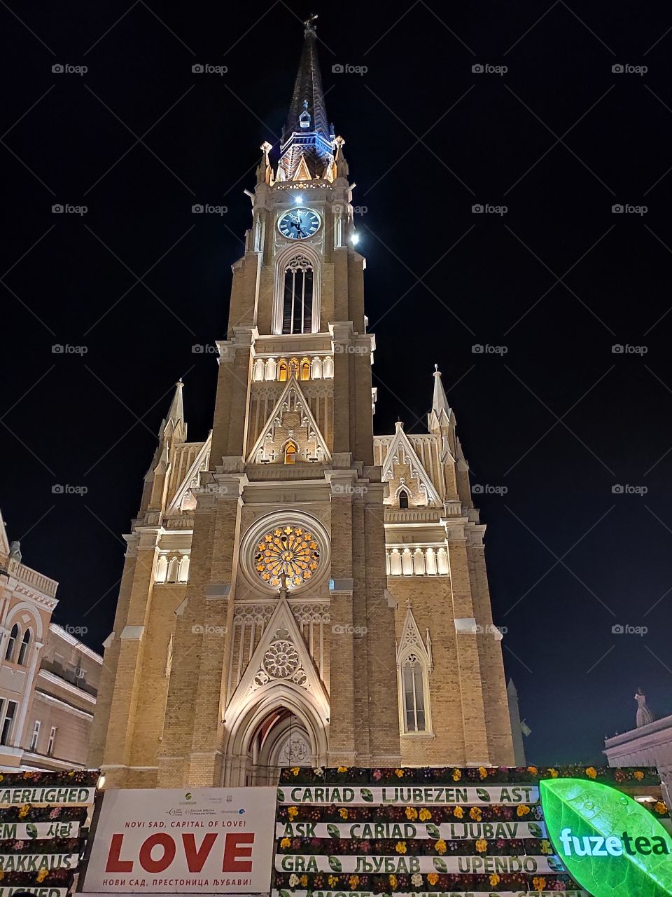 Novi Sad city centre Catholic church by night