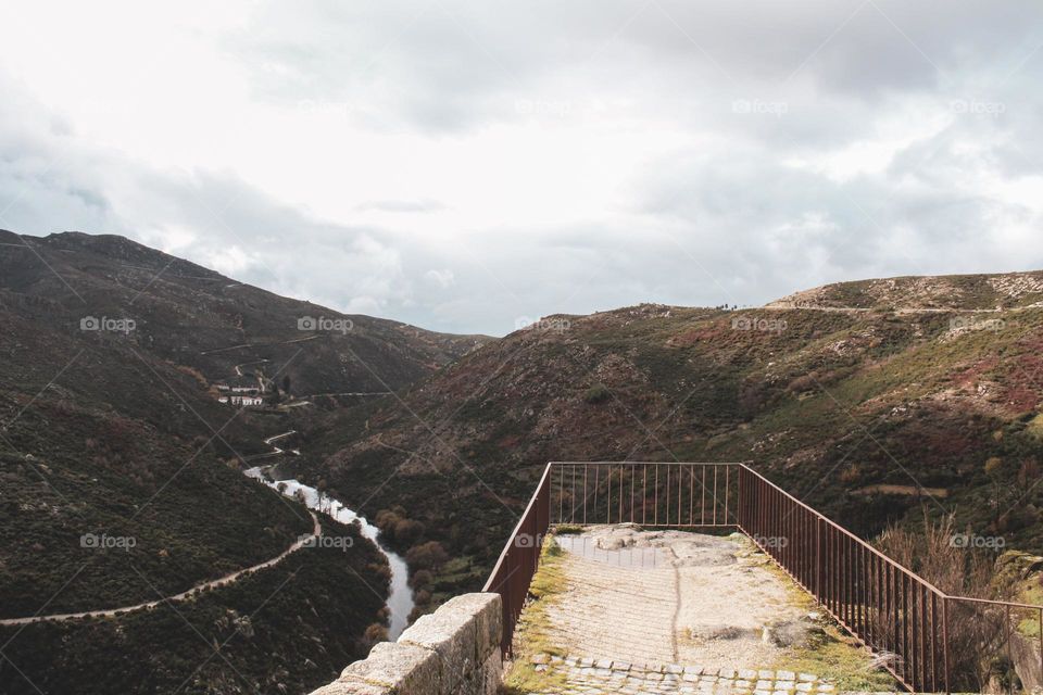 View from the top of the mountains of the Serra da Estrela natural park, village of Sabugueiro. Cloudy and rainy day. 