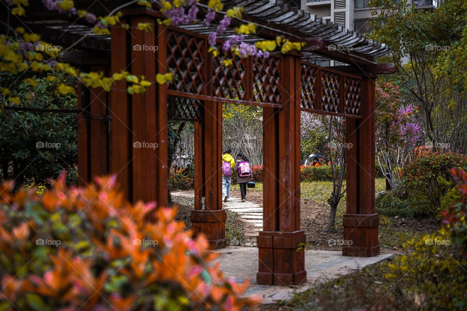 A view of students through the hut.