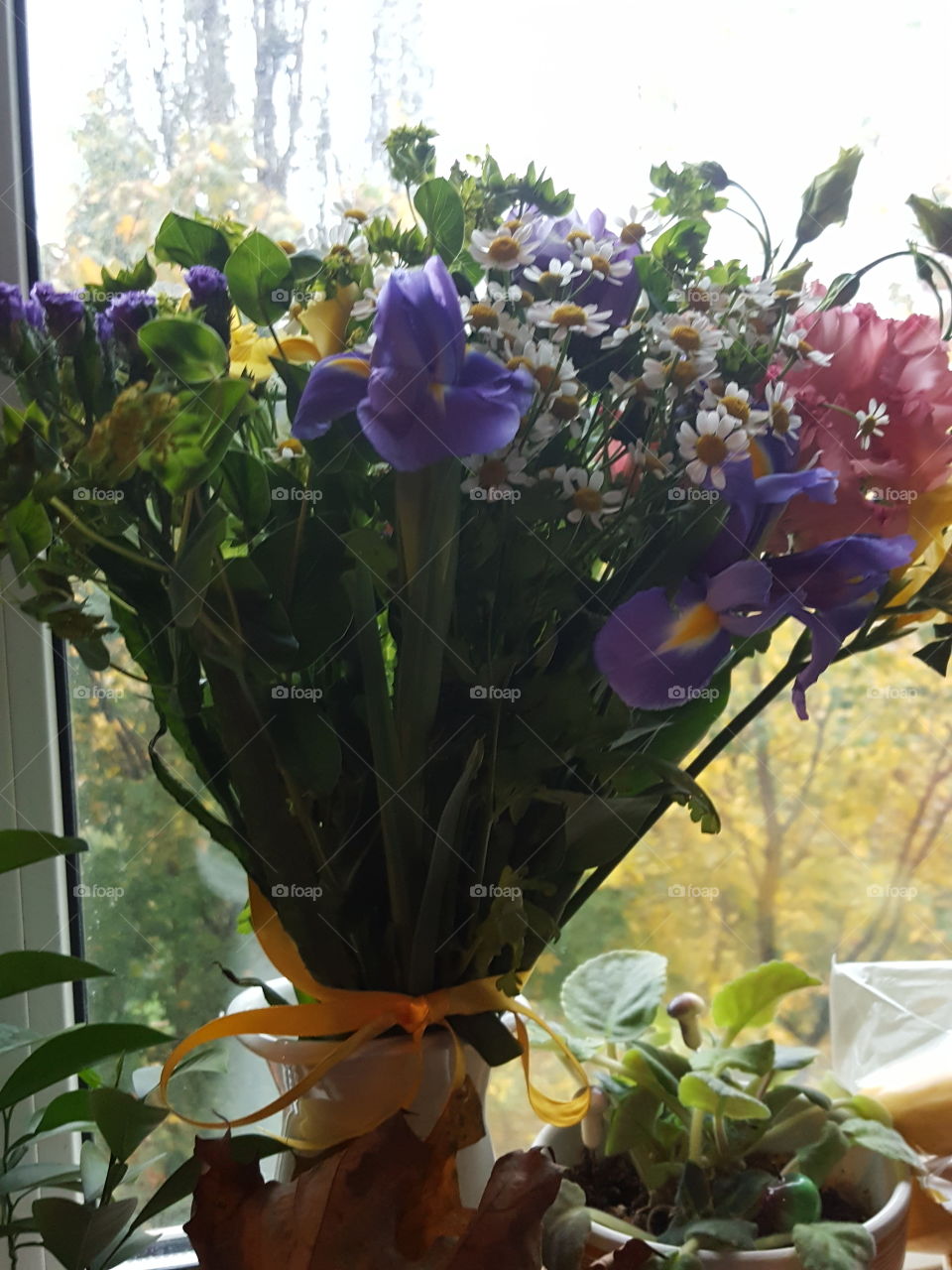 bunch of flowers on the windowsill