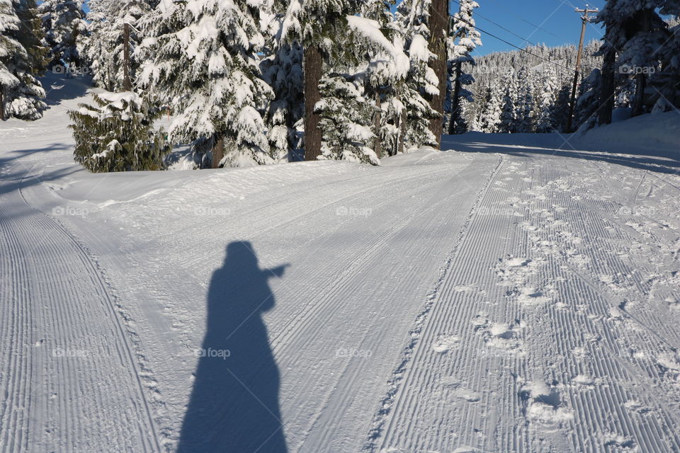 Snow covered paths on the mountain and shadow pointing the direction 