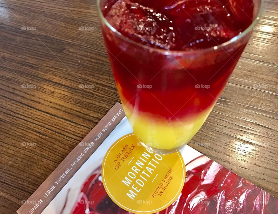 Morning Meditation, morning, meditation, orange, ginger, turmeric, lemon, agave nectar, agave, nectar, beet, juice, beverage, glass, First Watch, table, wood, wooden, container, drink, healthy, organic