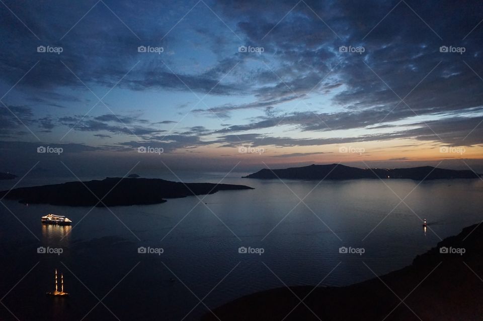Sunset over the caldera in Santorini, Greece
