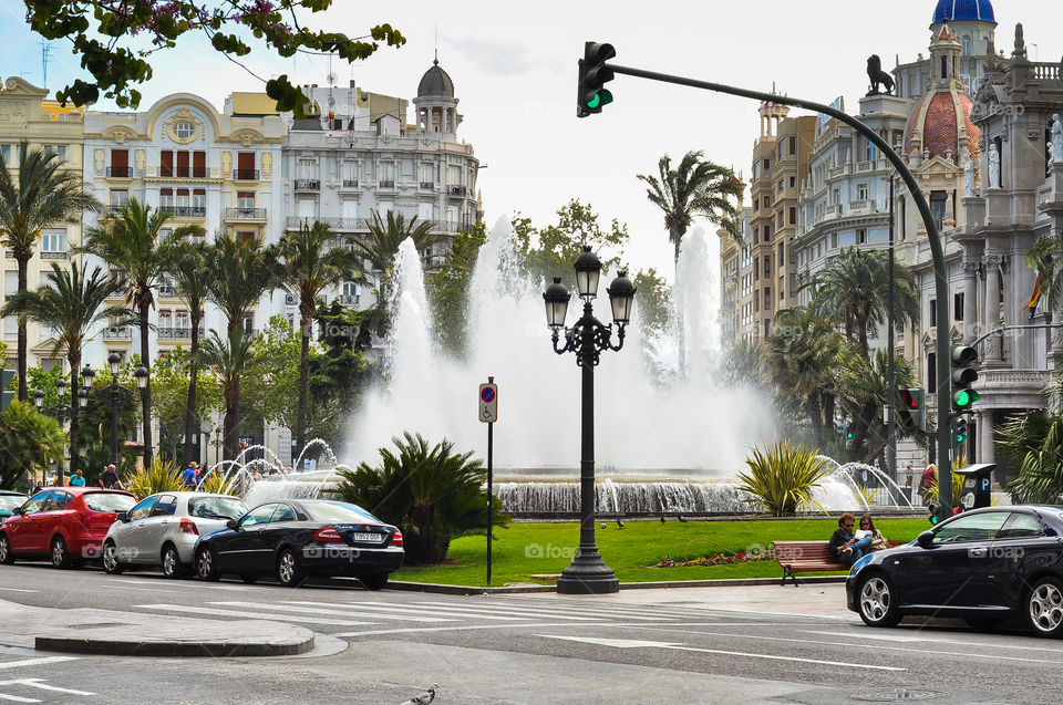 Fountains in Valencia, Spain. Old town, beautiful buildings 
