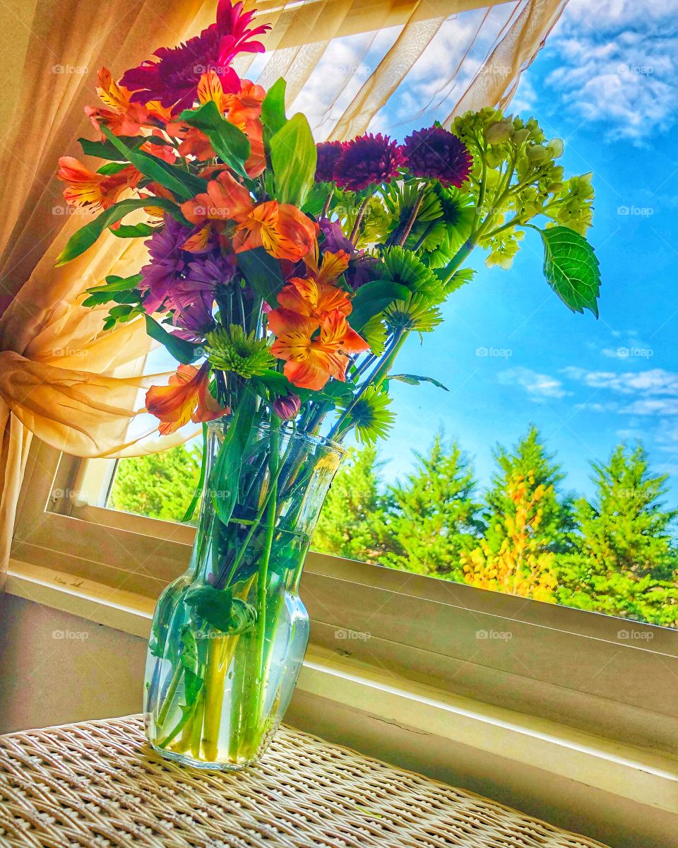 Flowers vase wicker table window curtain 