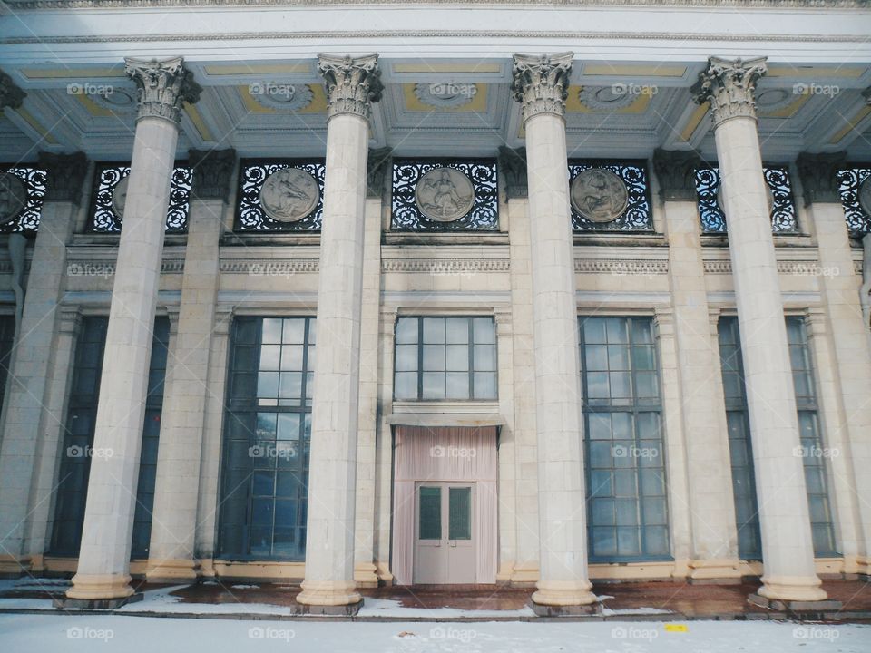 columned architecture of the building at the exhibition, Kiev