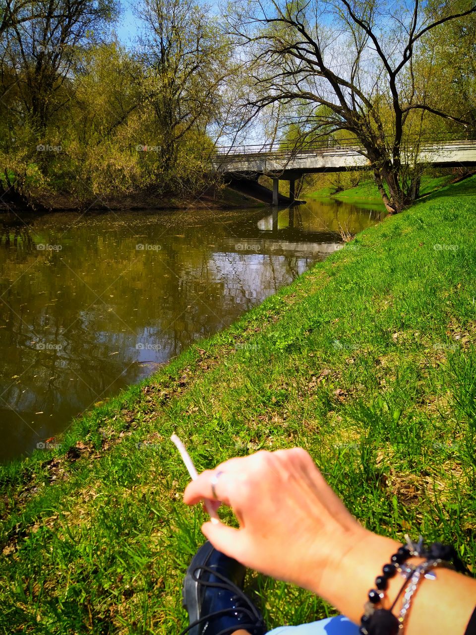 Nature.  River, green grass, blossoming trees, a bridge over the river and warm sun
