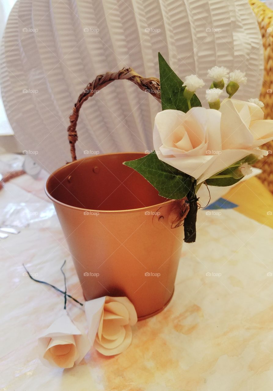 flower girl, flowers, bucket, wedding,  copper