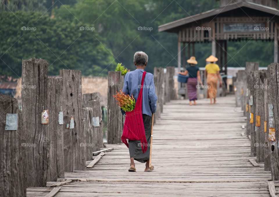 Variety Local life style on U-Bein bridge , the longest wooden bridge in the world , Mandalay Myanmar