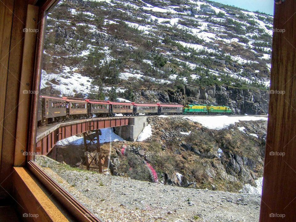 Picture of the train from within the train, tour from Alaska to Canada
