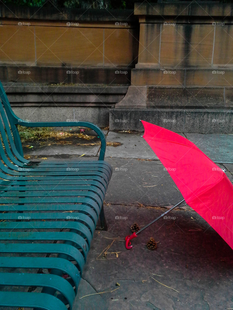 red umbrella near bench