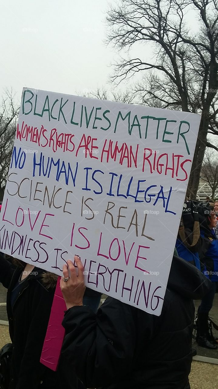 WOMEN'S MARCH. BLACK LIVES MATTER. WOMEN'S RIGHTS ARE HUMAN RIGHTS. NO HUMAN IS ILLEGAL. SCIENCE IS REAL. LOVE IS LOVE. KINDNESS IS EVERYTHING.