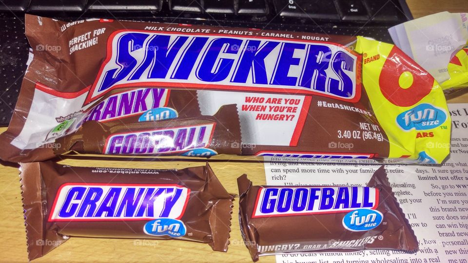 Bag of snickers candy bars with funny labels