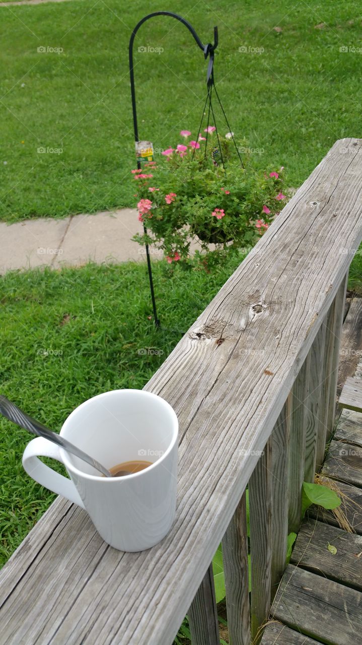 enjoying my coffee in the early morning on the patio