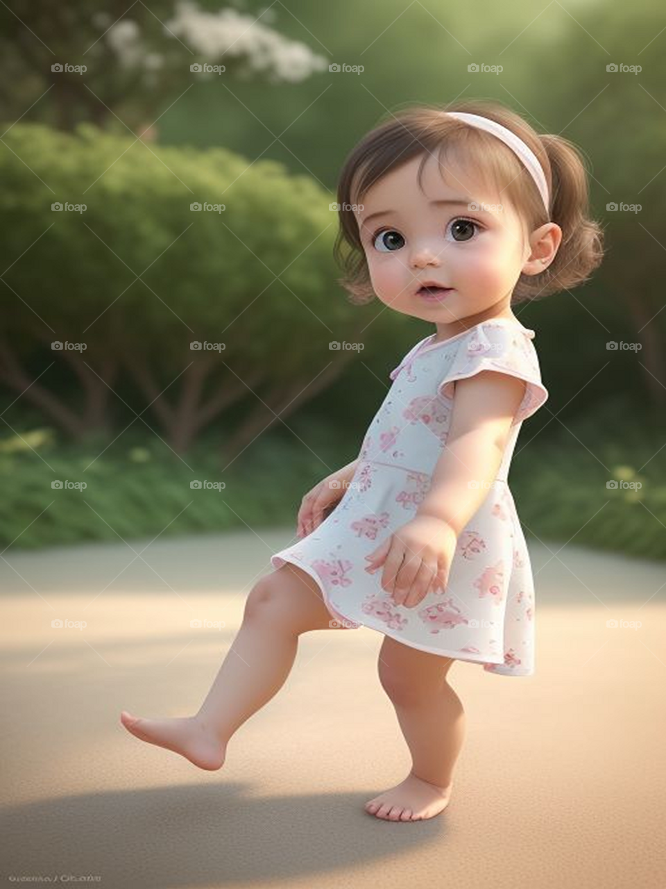 A beautiful little girl walks barefoot