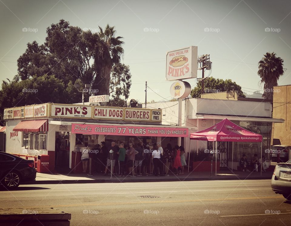 Pink's Hit Dogs in Hollywood, CA near the corner of La Brea Ave. and Melrose Ave. 
