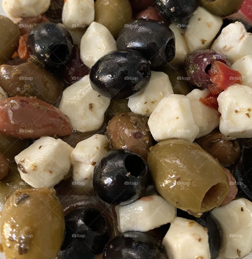 Olive salad with fresh mozzarella 