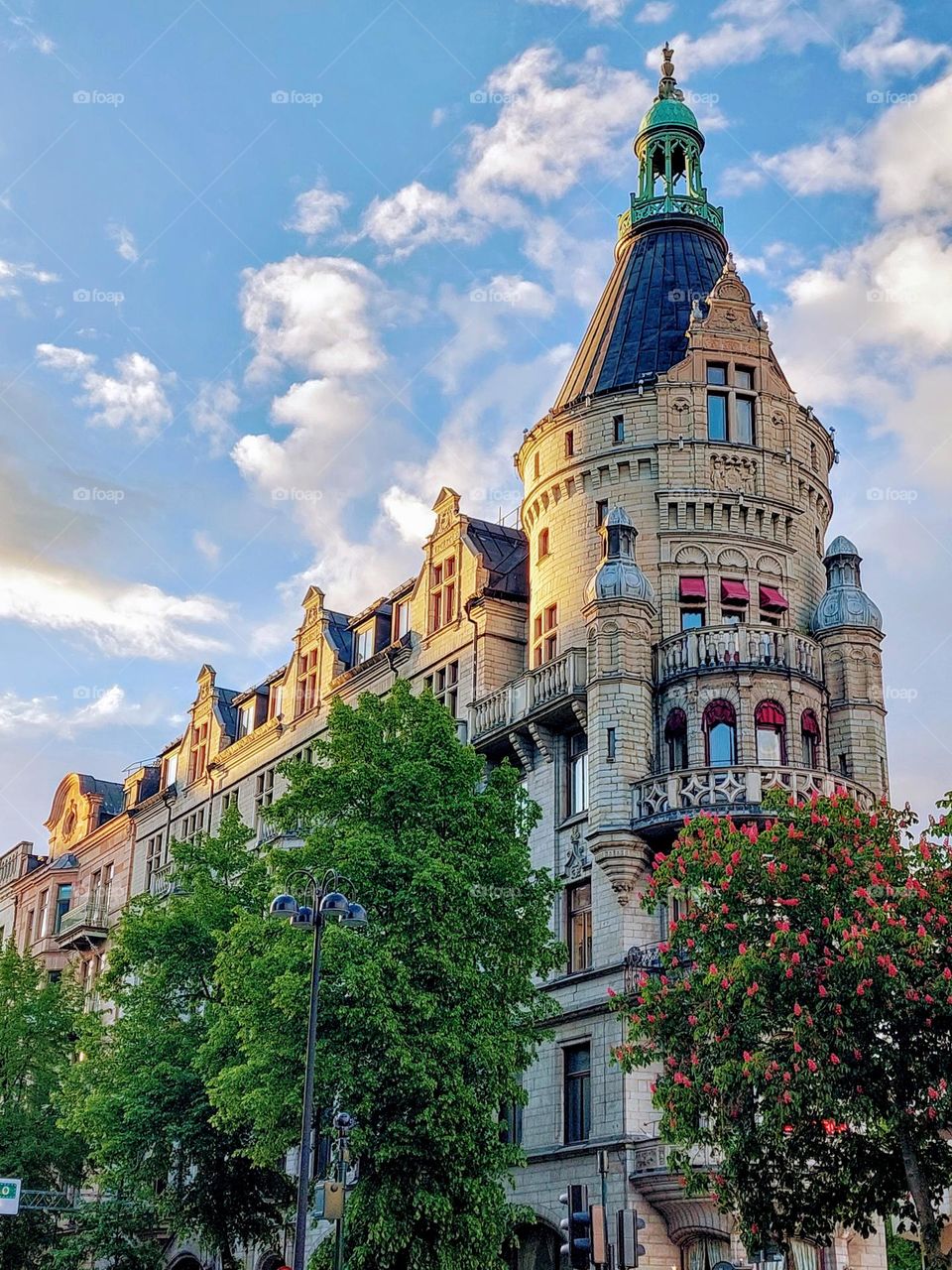 A beautiful old building with bright and cheerful colors in the city center of Stockholm