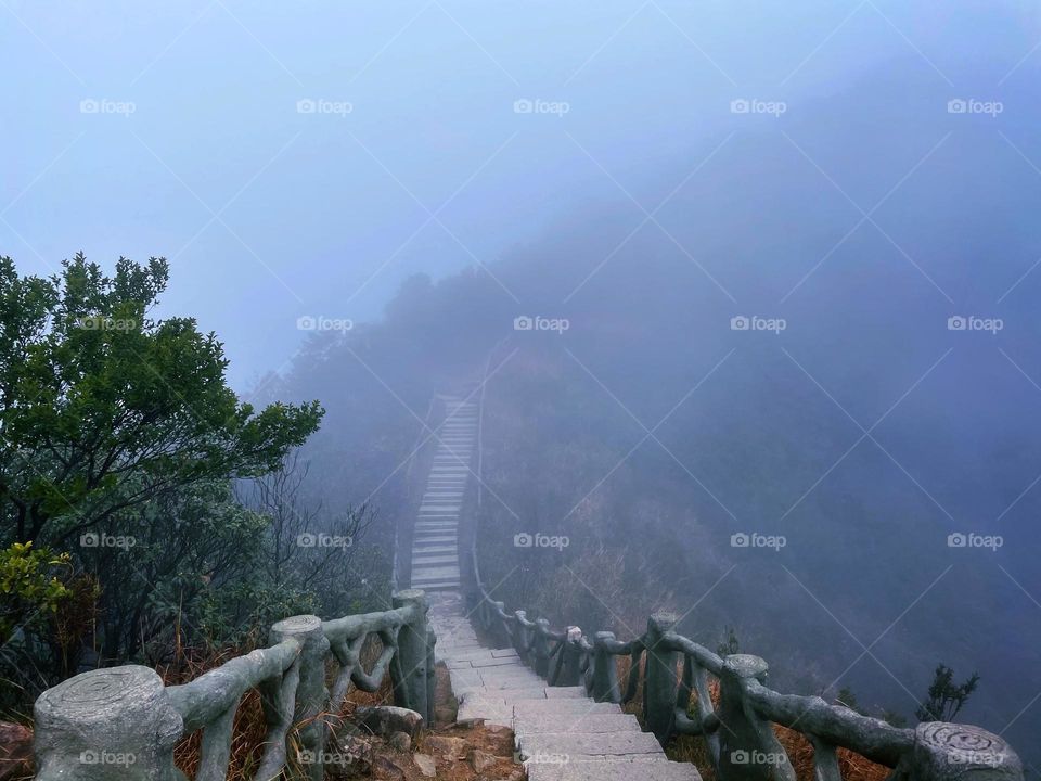 Surrounded by clouds and fog