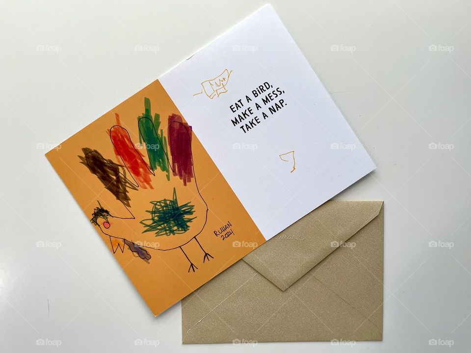 Funny Thanksgiving holiday card, mailing cards to family members, Thanksgiving card decorated by toddler, hand Turkey decorations in cards 