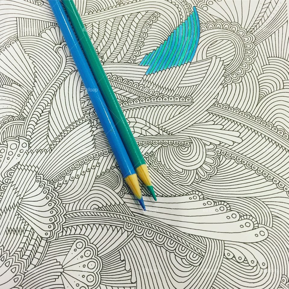 Adult coloring book with pencils