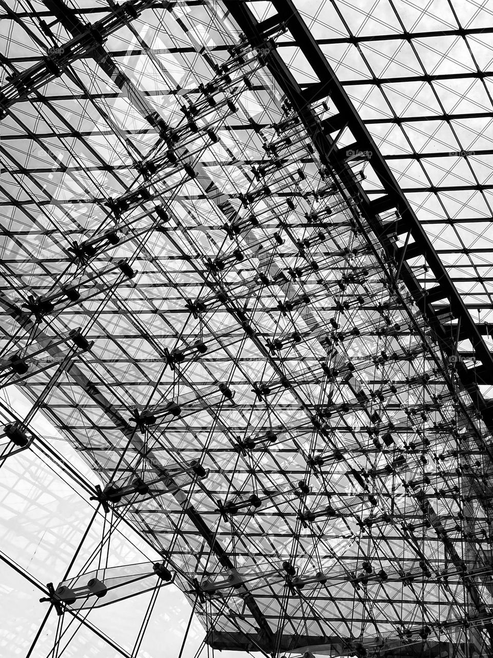 Black and white photo of a glass roof construction