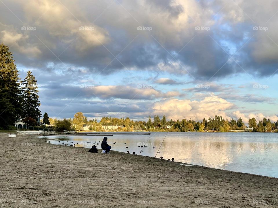 Beautiful landscape with clouds on the lake 