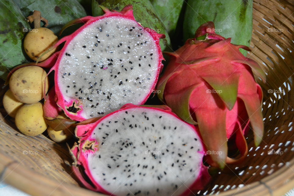 Half dragon fruit in the basket