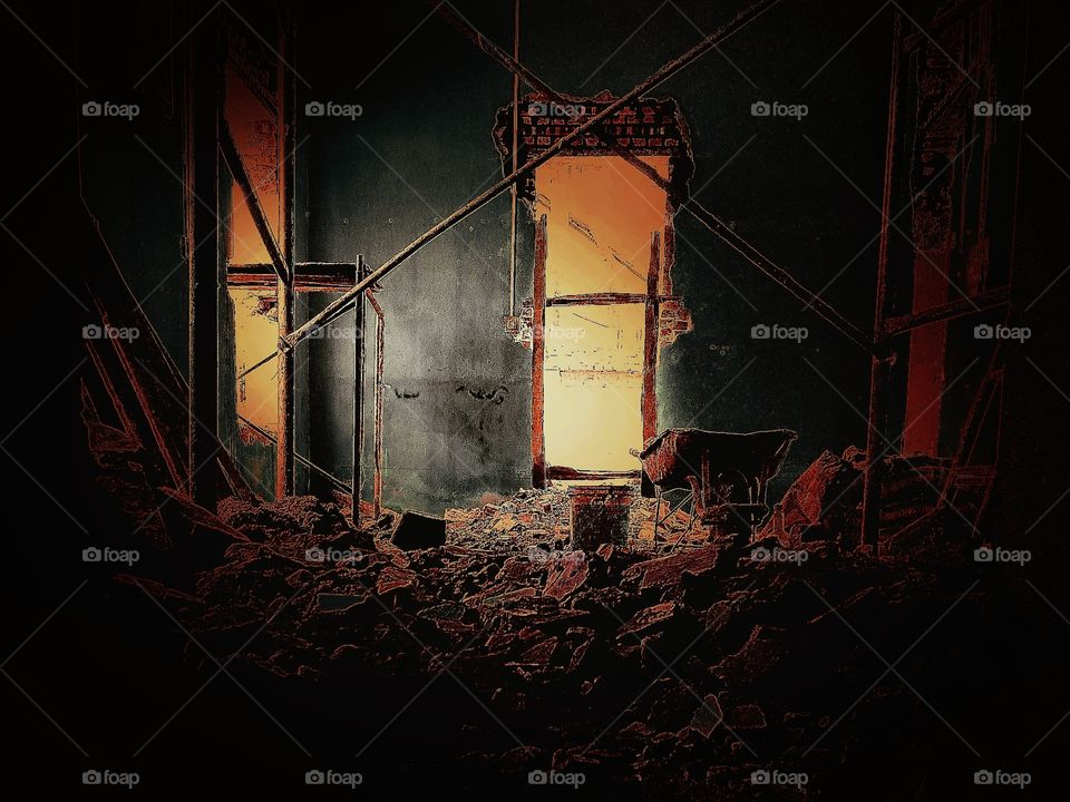 mysterious demolished house in dark with weak light