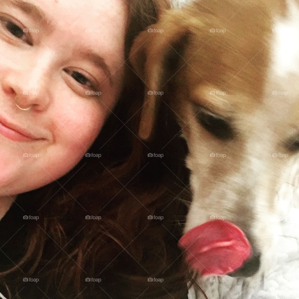 Girl and beagle funny tongue dog