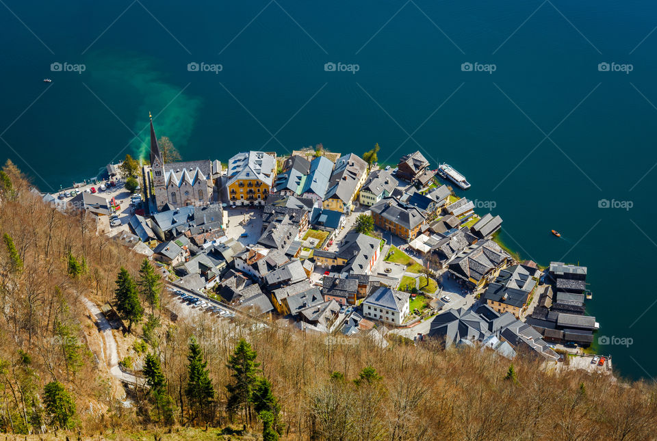 Amazing bird eyes view of Hallstatt village by lake in Austria 