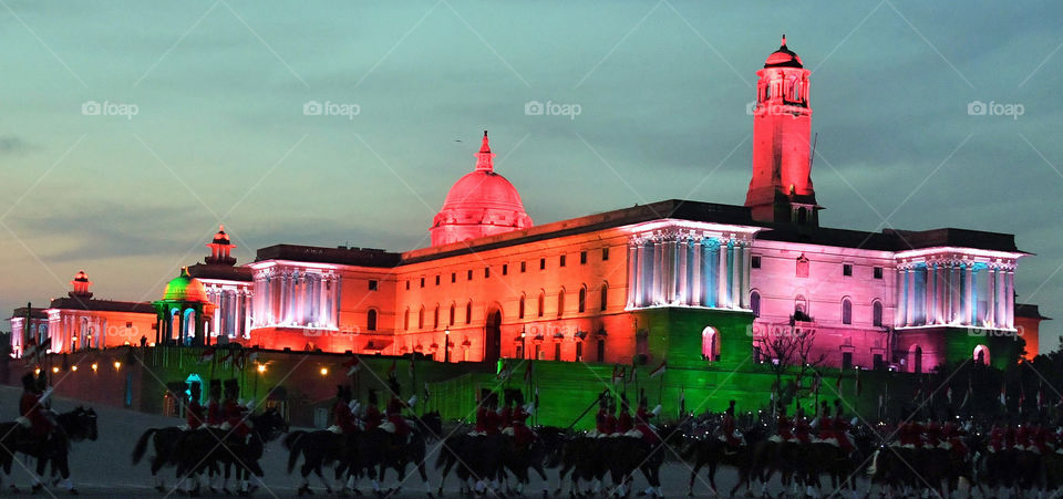 A view of the illuminated Rashtrapti Bhavan, South and North Block during the  beating Retreat ceremony at vijay chowk in New Delhi India
