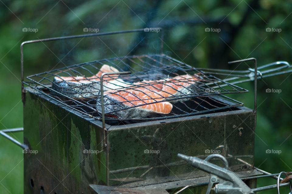 Roasted salmon on bbq grill for picnic in summer