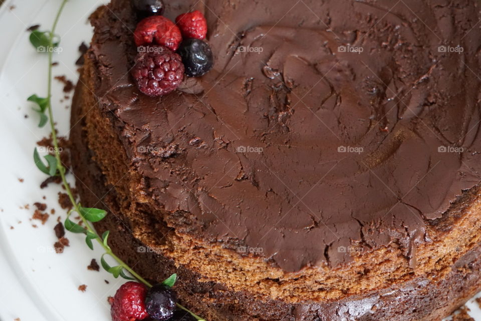 A layered chocolate cake topped with a berry garnish. 