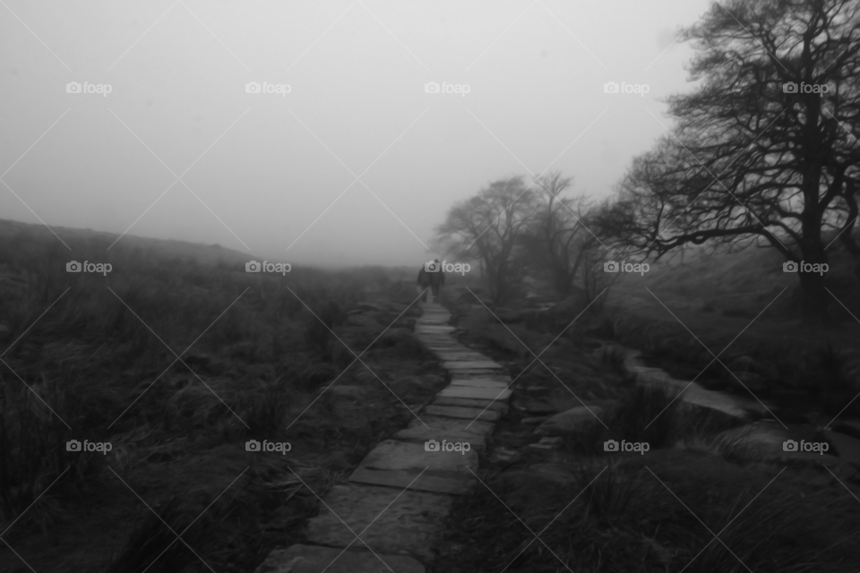 padley gorge derbyshire path couple fog by Wilson100