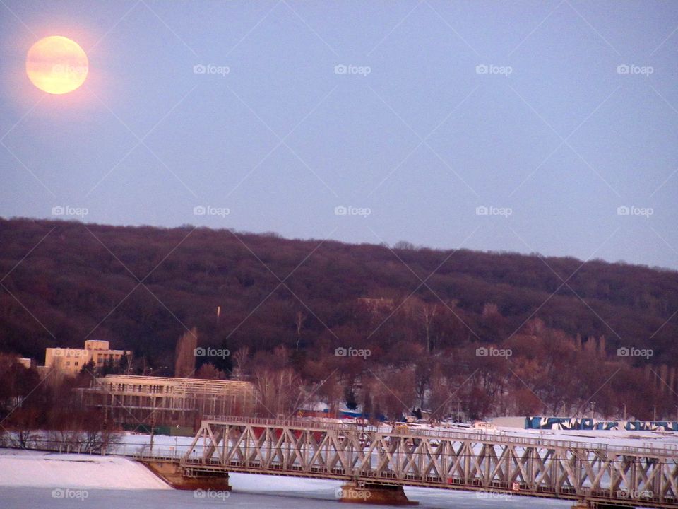 super moon and bridge in February in Russia