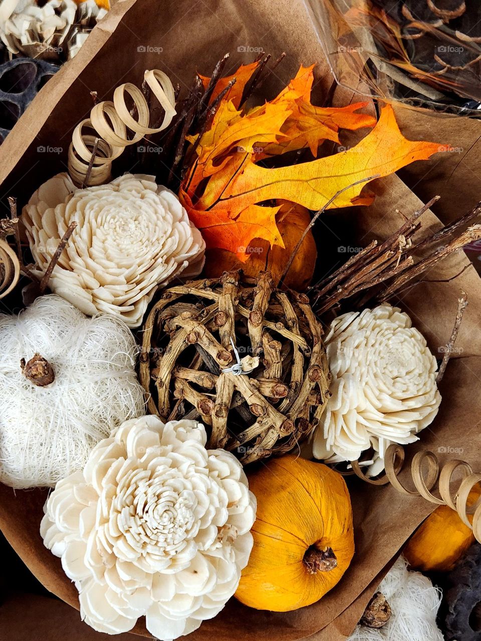 beautiful Autumn seasonal decor bouquet featuring pumpkin and leaf shapes for sale in an Oregon market