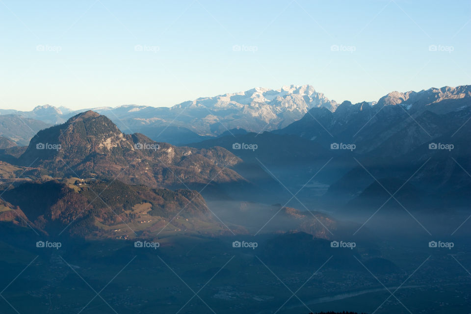 A foggy alpine valley